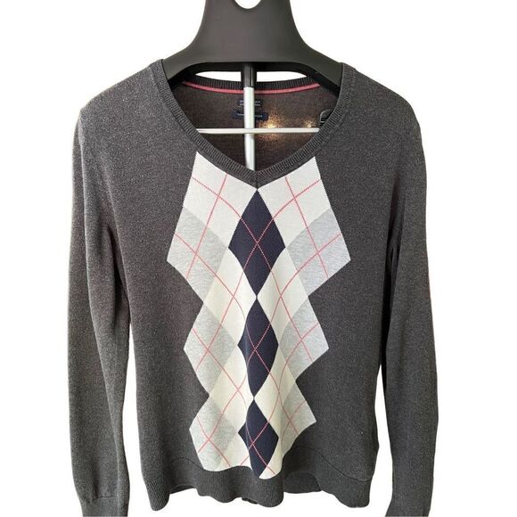 Tommy Hilfiger Women’s Sweater SZ L V-Neck Long Sleeves Gray Blue Red & White Ni - Picture 1 of 10